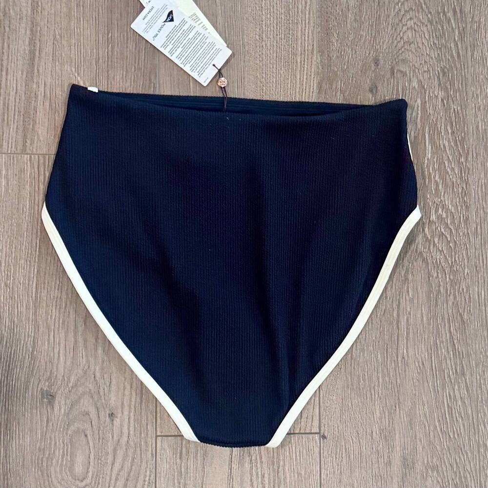 CALIA Tipped High Rise Bikini Bottom Pure Black Cream Ribbed Piping NEW Medium - Picture 5 of 8
